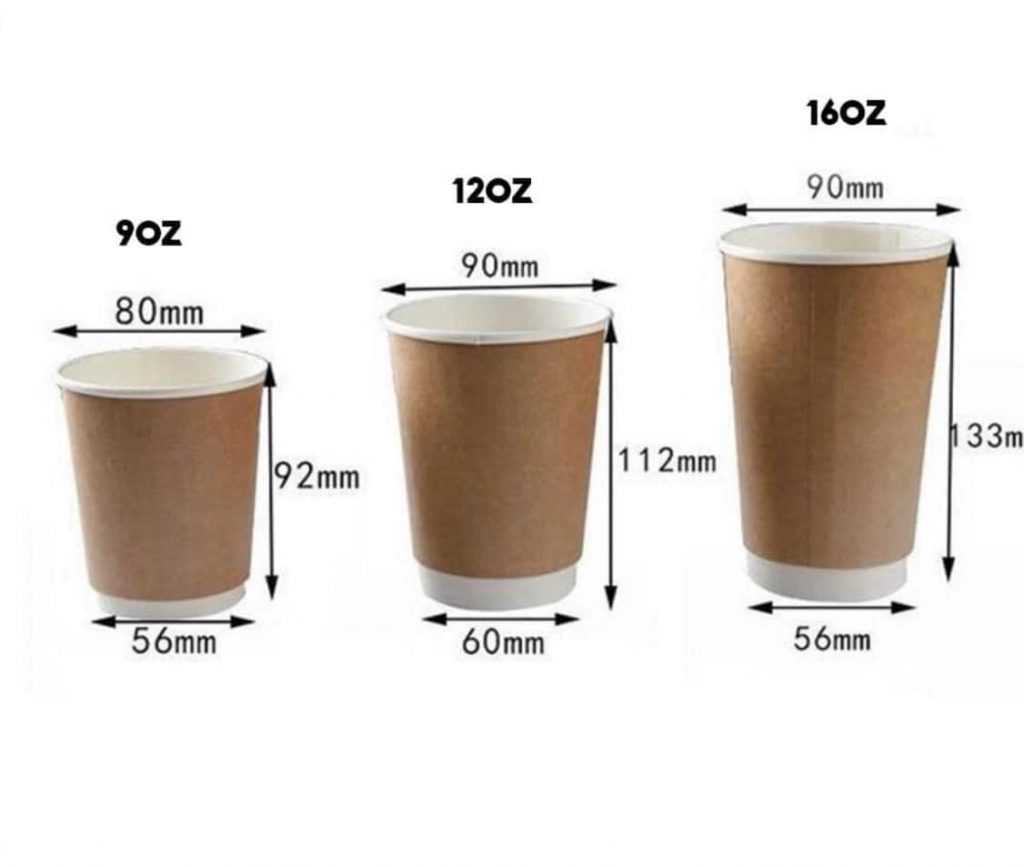 Các size ly giấy kraft 2 lớp cho quán cà phê tại Huế